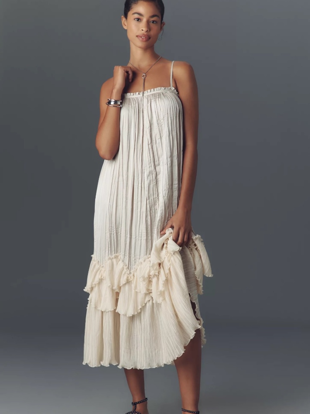 By Anthropologie Sleeveless Square-Neck Layered Plissé Maxi Dress XL
